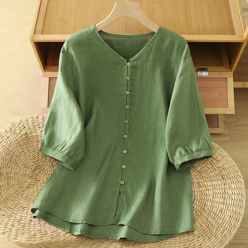 Buddha Stones Solid Buttons V-Ausschnitt Halbarm Damen Shirt - DunkelMeerGrün - US12, UK/AU16,EU44 (2XL) - image 17