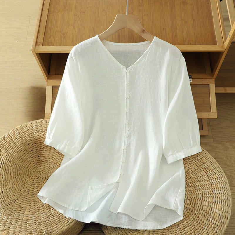 Buddha Stones Solid Buttons V-Ausschnitt Halbarm Damen Shirt - Weiß - US12, UK/AU16,EU44 (2XL) - image 7