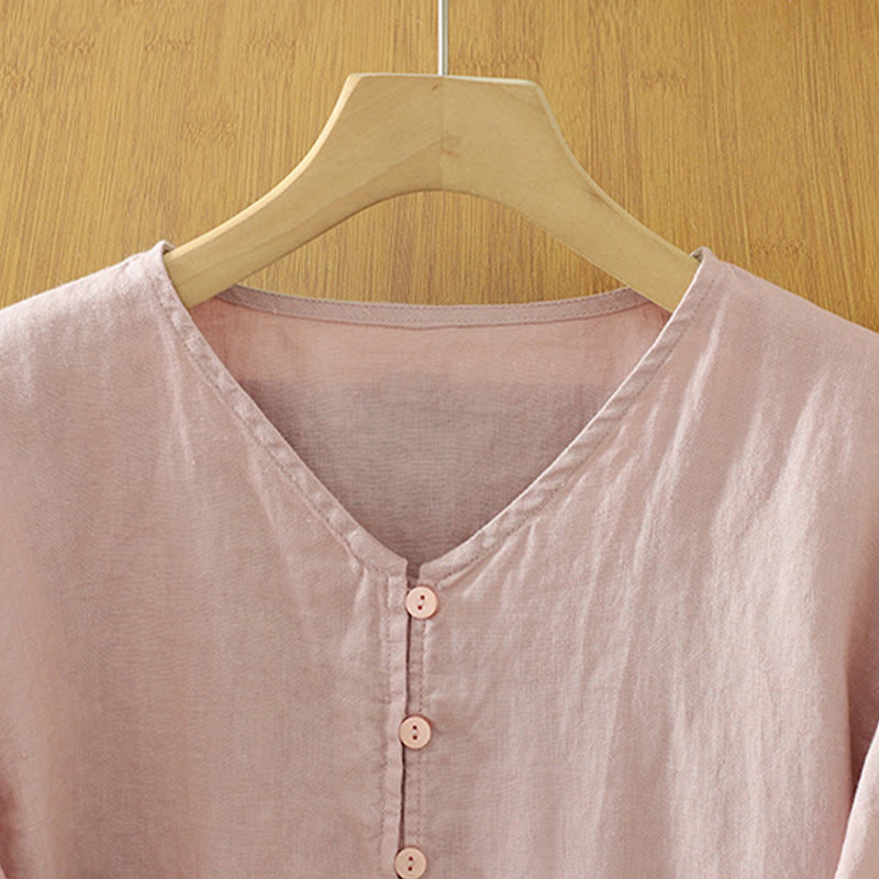 Buddha Stones Solid Buttons V-Ausschnitt Halbarm Damen Shirt - image 3