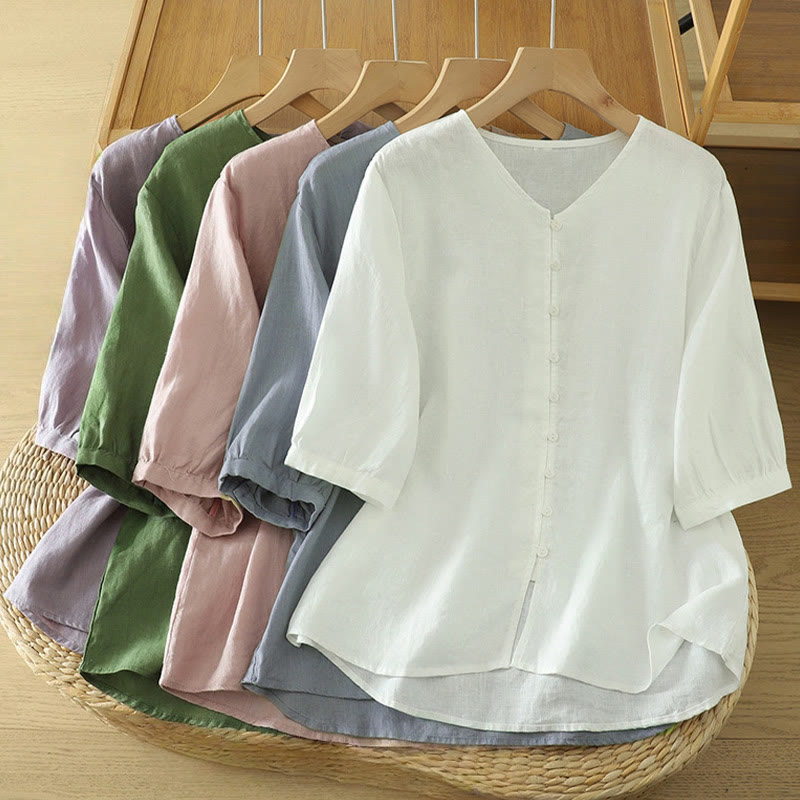 Buddha Stones Solid Buttons V-Ausschnitt Halbarm Damen Shirt - image 2