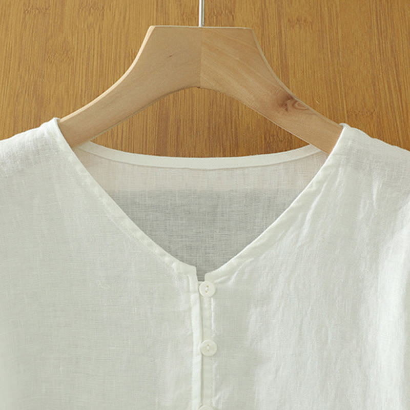 Buddha Stones Solid Buttons V-Ausschnitt Halbarm Damen Shirt - image 9