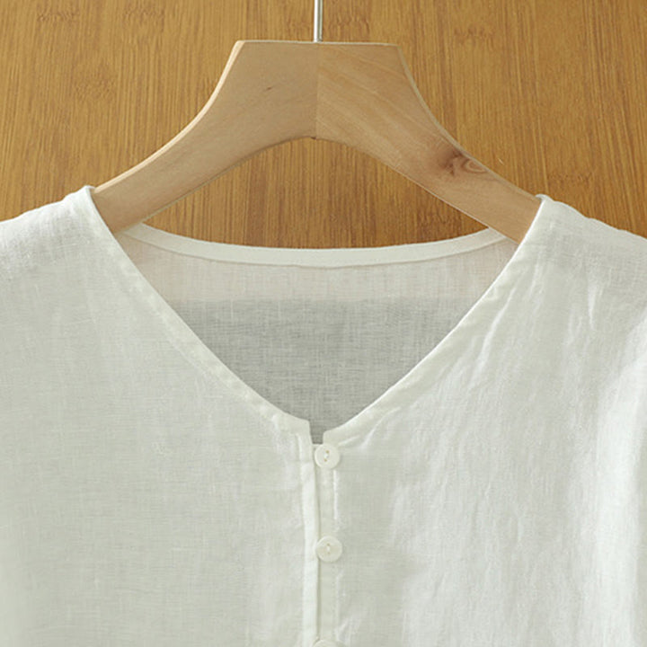 Buddha Stones Solid Buttons V-Ausschnitt Halbarm Damen Shirt - image 9
