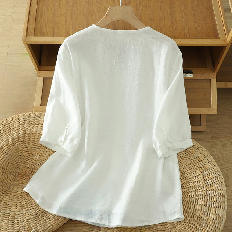 Buddha Stones Solid Buttons V-Ausschnitt Halbarm Damen Shirt - image 8