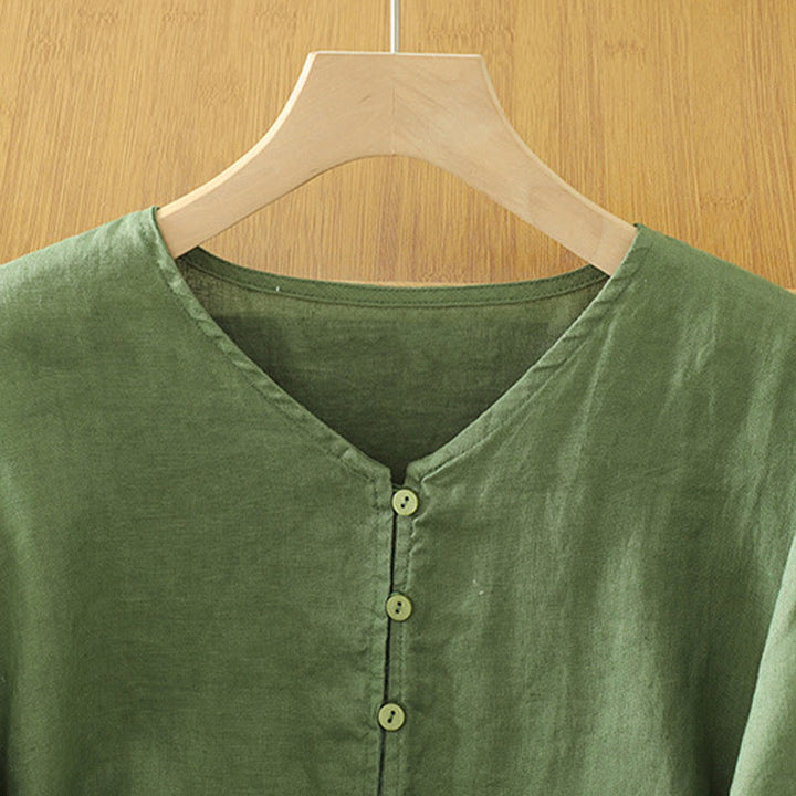 Buddha Stones Solid Buttons V-Ausschnitt Halbarm Damen Shirt - image 18