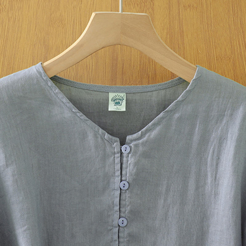 Buddha Stones Solid Buttons V-Ausschnitt Halbarm Damen Shirt - image 23