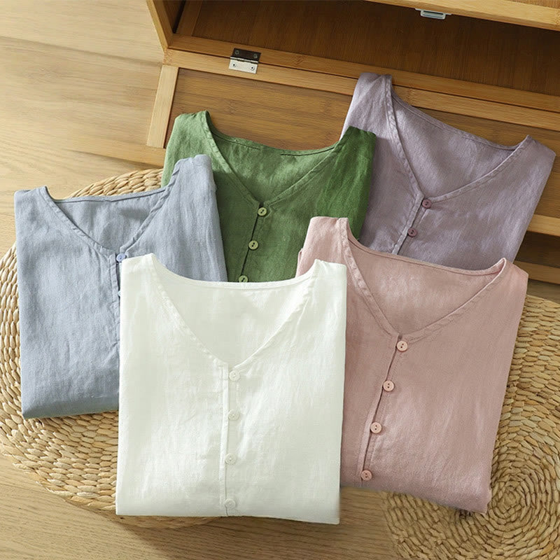 Buddha Stones Solid Buttons V-Ausschnitt Halbarm Damen Shirt - image 32
