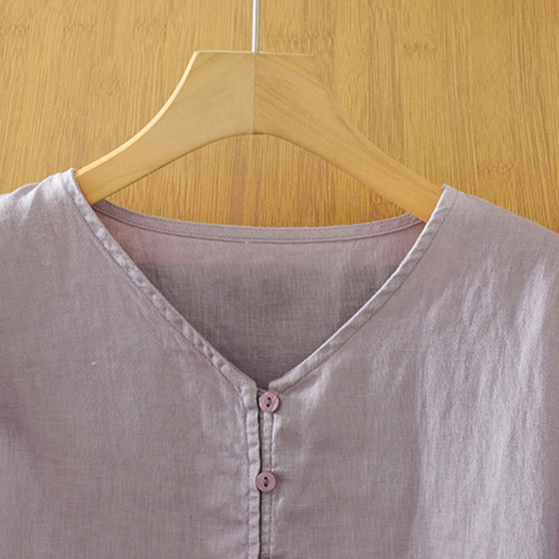 Buddha Stones Solid Buttons V-Ausschnitt Halbarm Damen Shirt - image 28