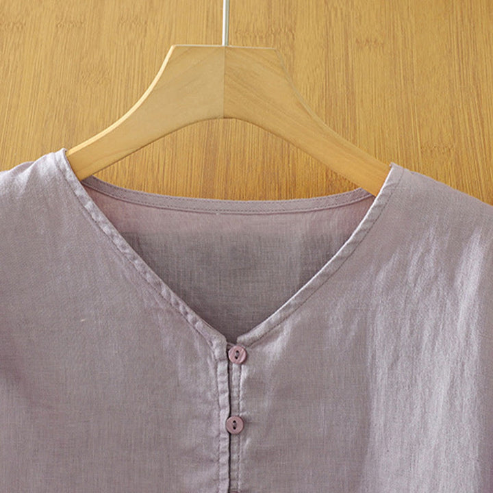 Buddha Stones Solid Buttons V-Ausschnitt Halbarm Damen Shirt - image 28