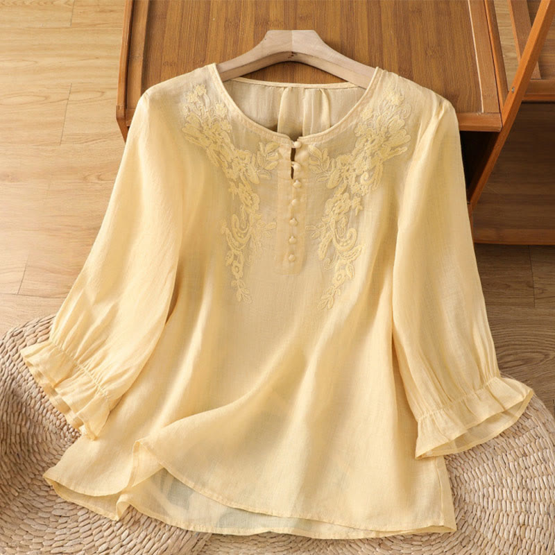 Damenhemd mit Buddha Stones, Blumenranken-Stickerei, Knöpfen, Rundhalsausschnitt und Dreiviertelärmeln - Khaki - US12, UK/AU16, EU44 (2XL) - image 0