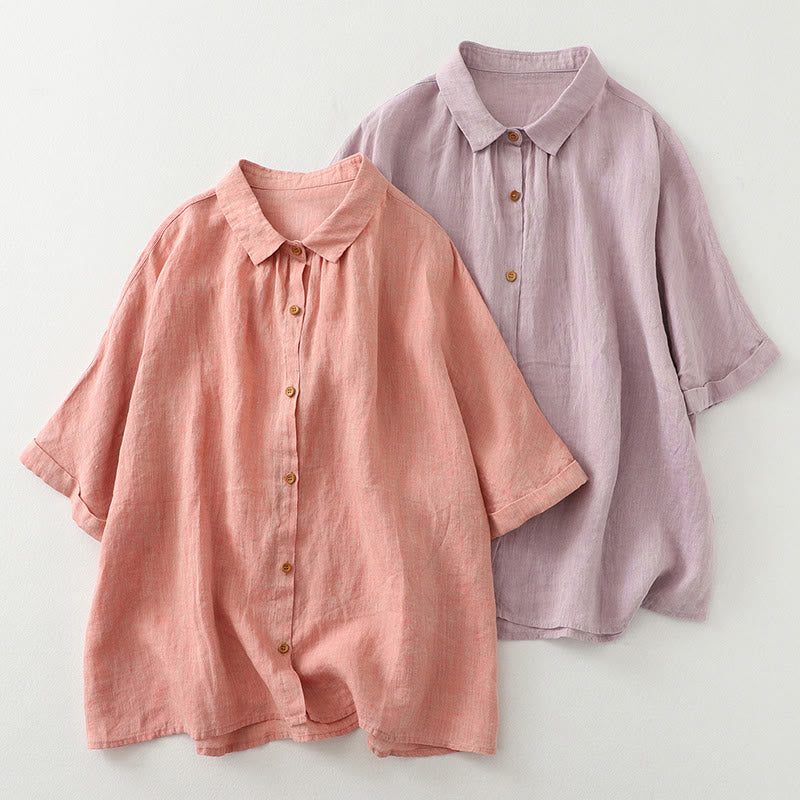 Buddha Stones Casual Plain Buttons Damen Kurzarmhemd - image 0