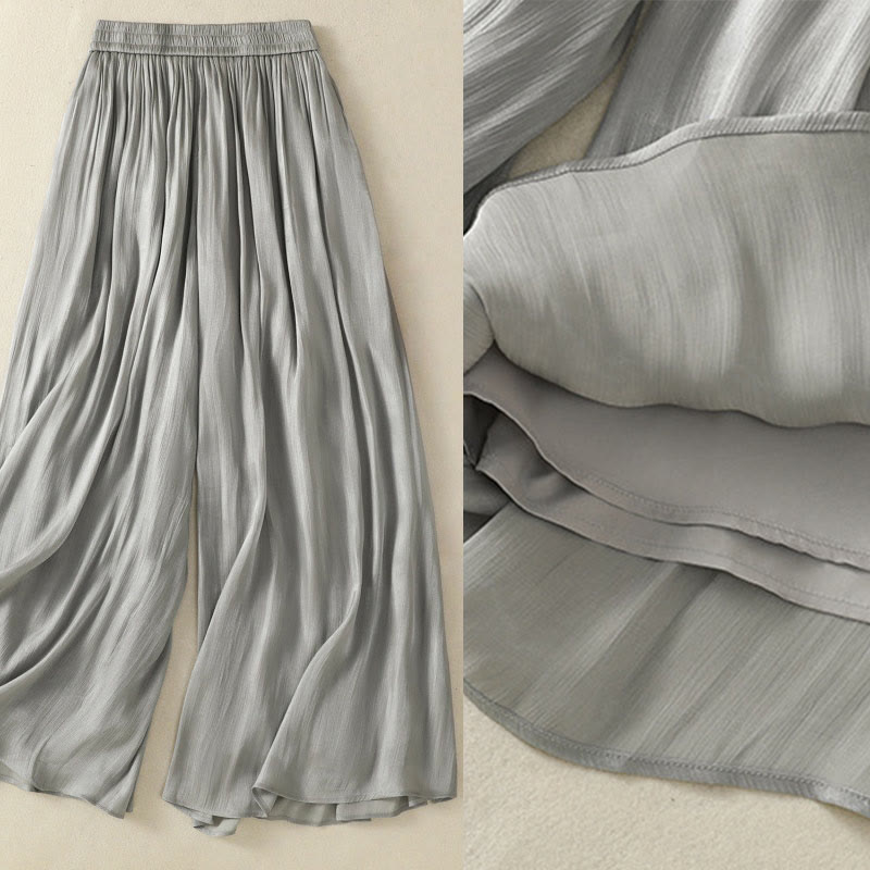 Buddha Stones Hellgraue Damenhose mit weitem Bein und Faltendesign, elastischer Bund und Taschen - image 4