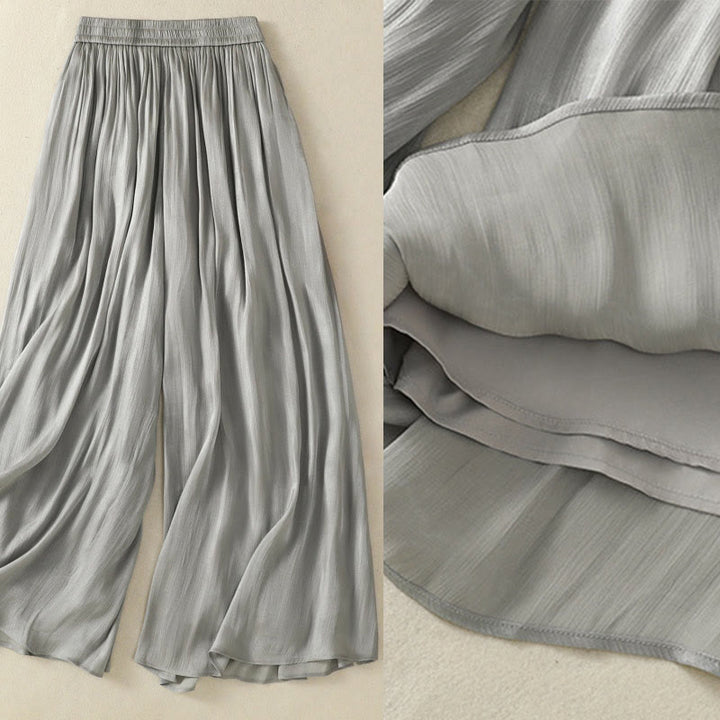 Buddha Stones Hellgraue Damenhose mit weitem Bein und Faltendesign, elastischer Bund und Taschen - image 4