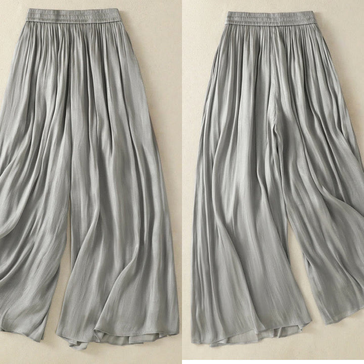 Buddha Stones Hellgraue Damenhose mit weitem Bein und Faltendesign, elastischer Bund und Taschen - image 3
