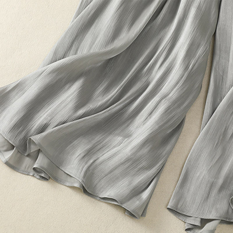 Buddha Stones Hellgraue Damenhose mit weitem Bein und Faltendesign, elastischer Bund und Taschen - image 13