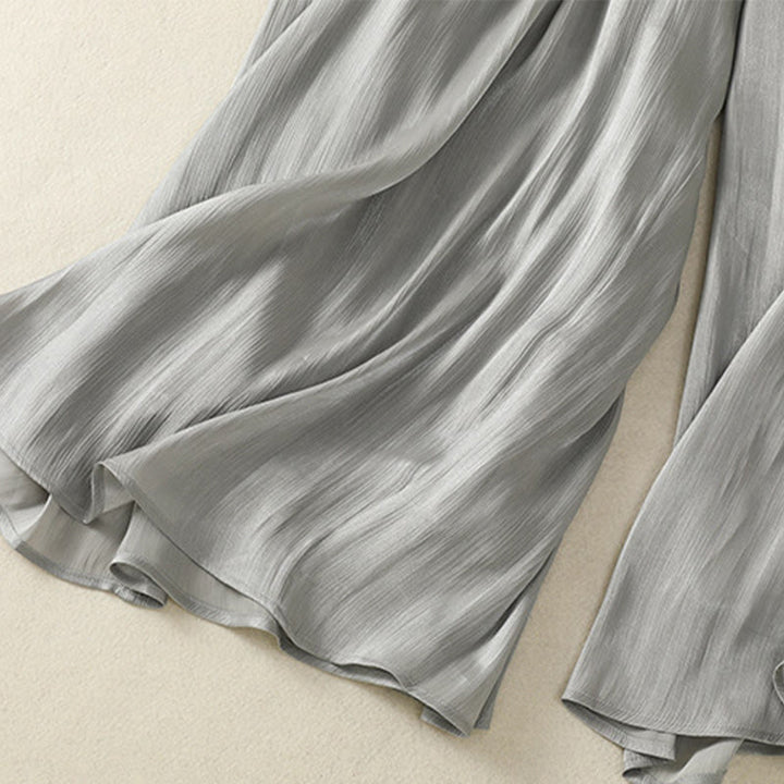 Buddha Stones Hellgraue Damenhose mit weitem Bein und Faltendesign, elastischer Bund und Taschen - image 13