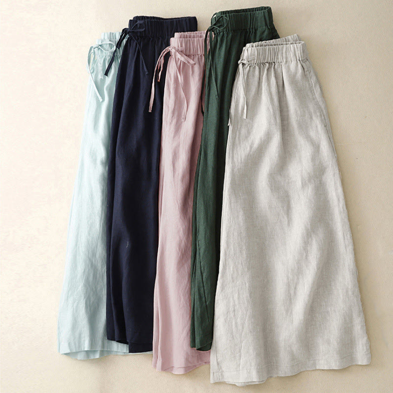 Buddha Stones Sommer-Caprihose mit elastischer Taille und weitem Bein für Damen mit Taschen - image 1