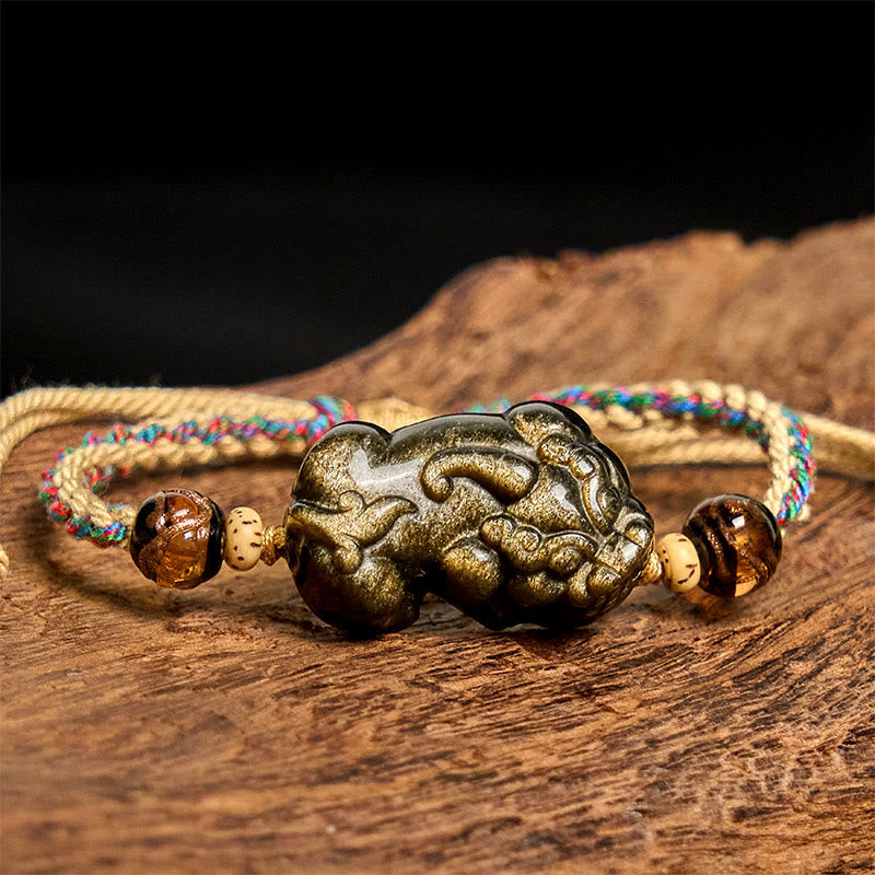 Buddha Stones Gold Sheen Obsidian PiXiu Reichtum Seil Armband - image 2