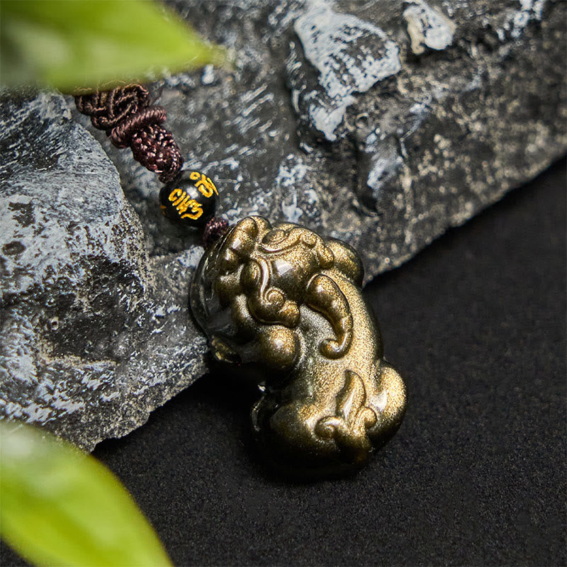 Buddha Stones ​​Gold Glanz Obsidian PiXiu Reichtum Seil Halskette Anhänger - PiXiu-Halskette - image 1