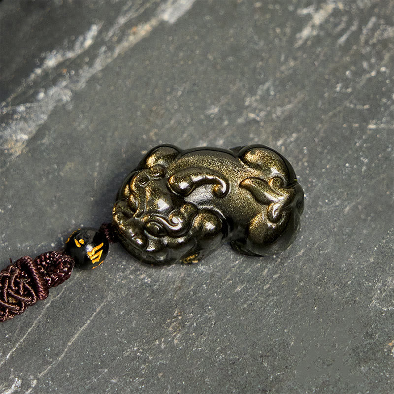 Buddha Stones ​​Gold Glanz Obsidian PiXiu Reichtum Seil Halskette Anhänger - image 3