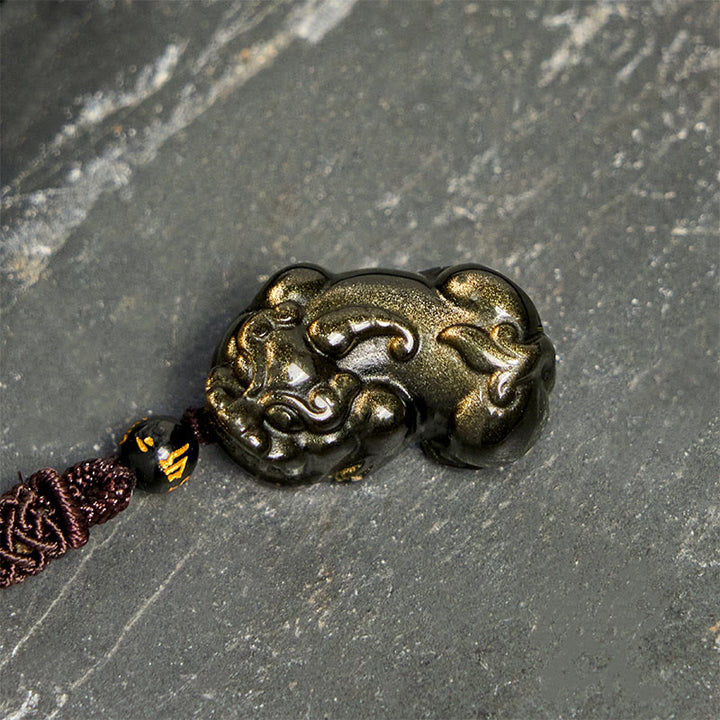 Buddha Stones ​​Gold Glanz Obsidian PiXiu Reichtum Seil Halskette Anhänger - image 3