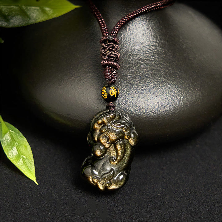 Buddha Stones ​​Gold Glanz Obsidian PiXiu Reichtum Seil Halskette Anhänger - image 2