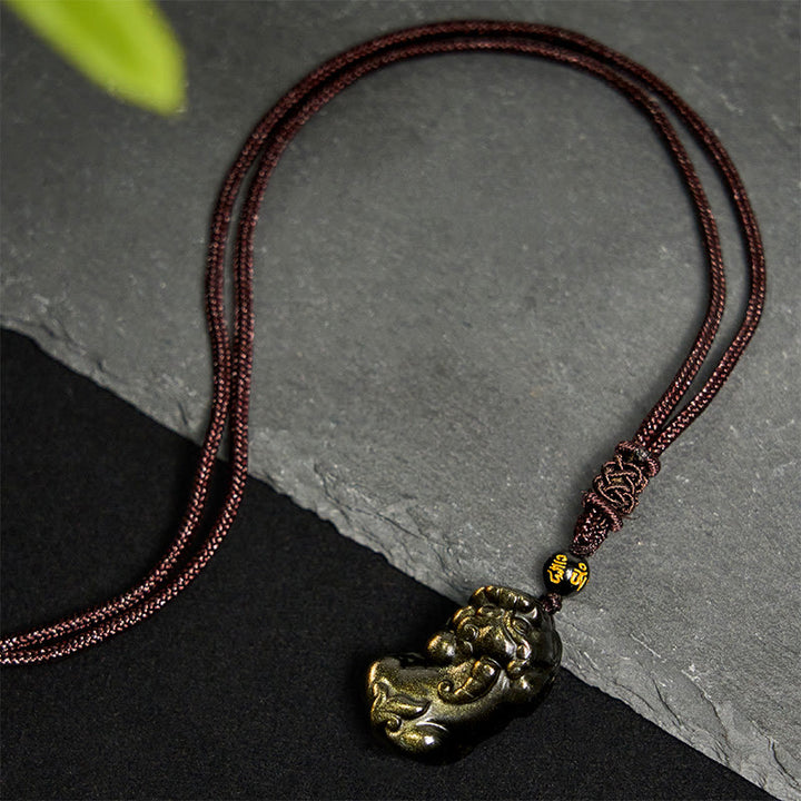 Buddha Stones ​​Gold Glanz Obsidian PiXiu Reichtum Seil Halskette Anhänger - image 4