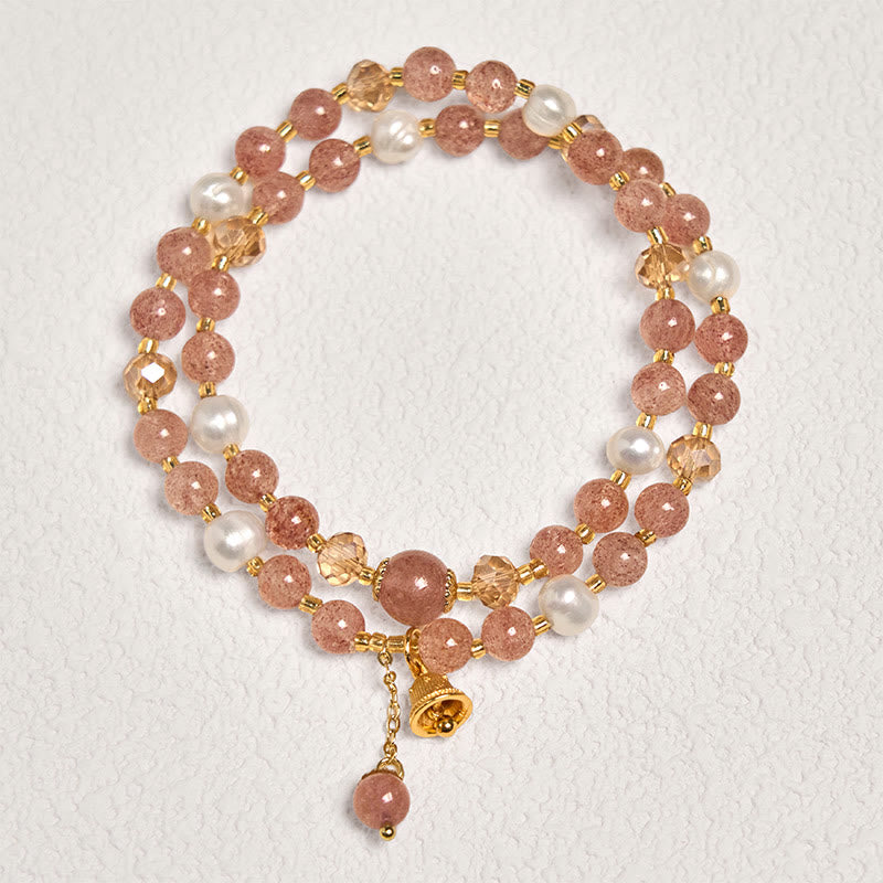 Buddha Stones Natürliches Erdbeerquarz Perlenglocken-Heilarmband mit doppeltem Wickelmuster