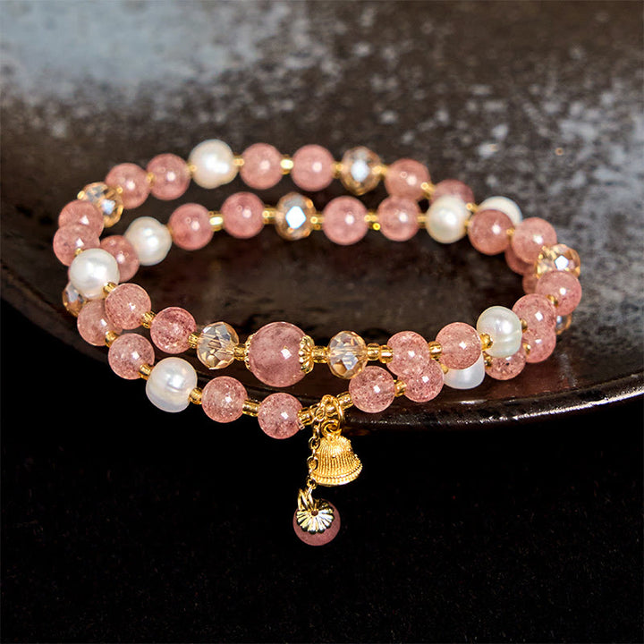 Buddha Stones Natürliches Erdbeerquarz Perlenglocken-Heilarmband mit doppeltem Wickelmuster