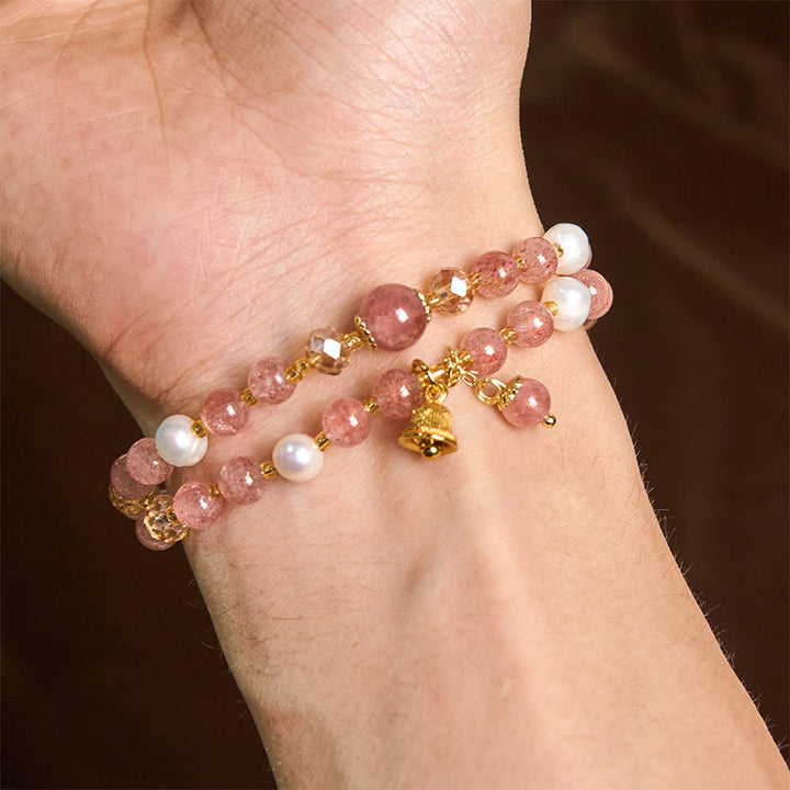 Buddha Stones Natürliches Erdbeerquarz Perlenglocken-Heilarmband mit doppeltem Wickelmuster