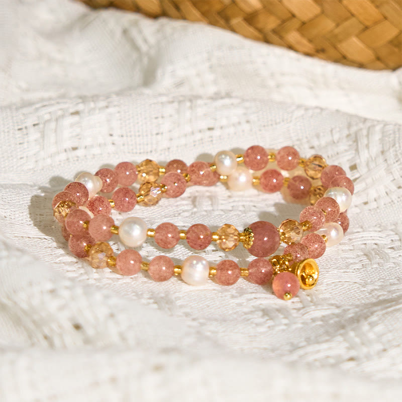 Buddha Stones Natürliches Erdbeerquarz Perlenglocken-Heilarmband mit doppeltem Wickelmuster