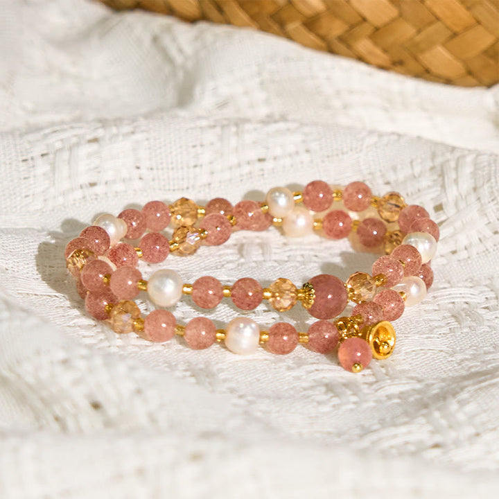 Buddha Stones Natürliches Erdbeerquarz Perlenglocken-Heilarmband mit doppeltem Wickelmuster