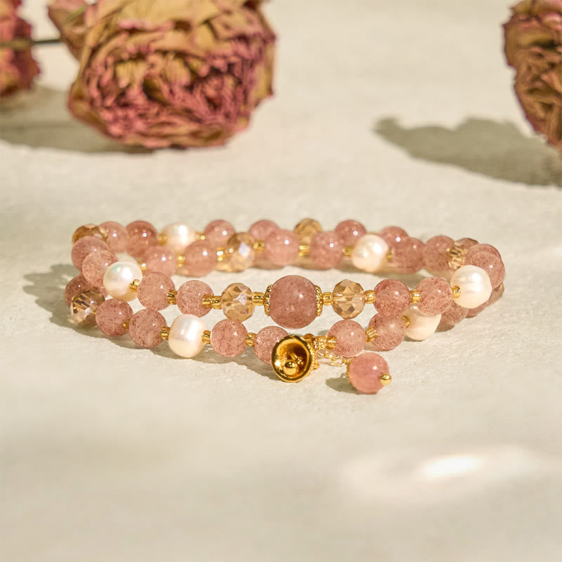 Buddha Stones Natürliches Erdbeerquarz Perlenglocken-Heilarmband mit doppeltem Wickelmuster