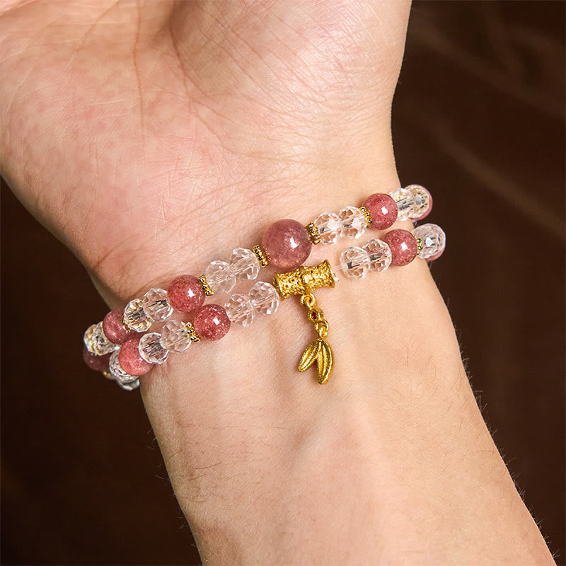 Buddha Stones Natürliches Erdbeerquarz-Kristall-Bambus-Positives Doppel-Wickelarmband