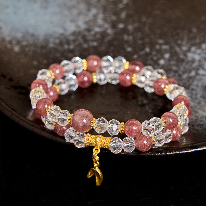 Buddha Stones Natürliches Erdbeerquarz-Kristall-Bambus-Positives Doppel-Wickelarmband