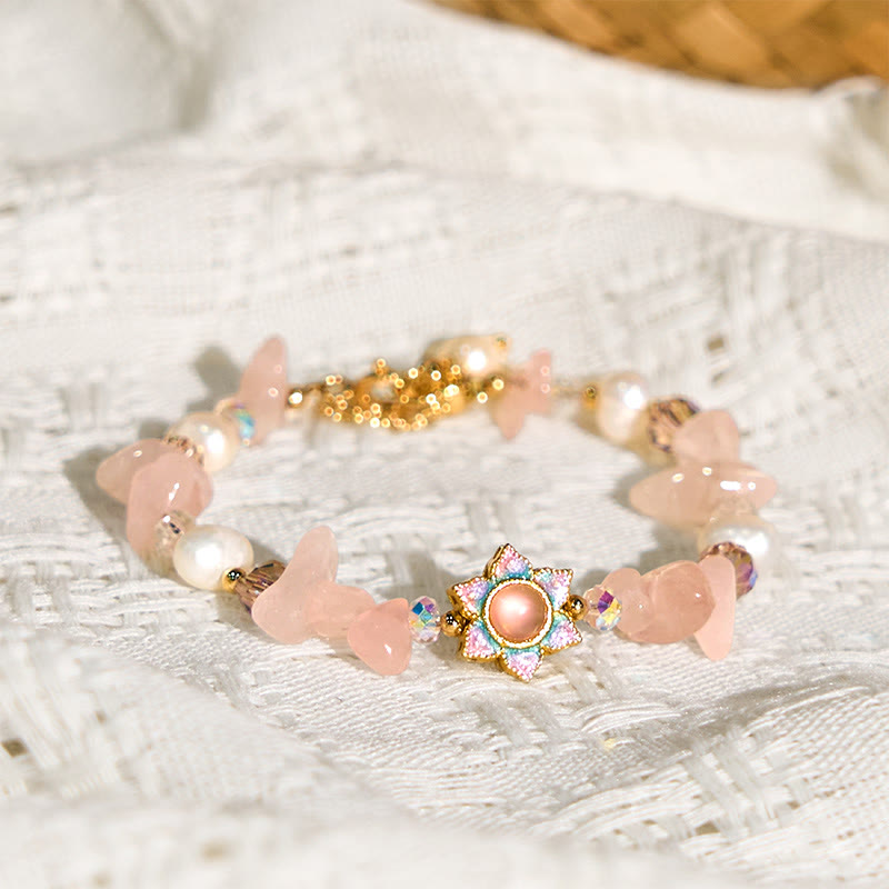 Buddha Stones Naturkies Rosenquarz Blume Perle Heilung Armband