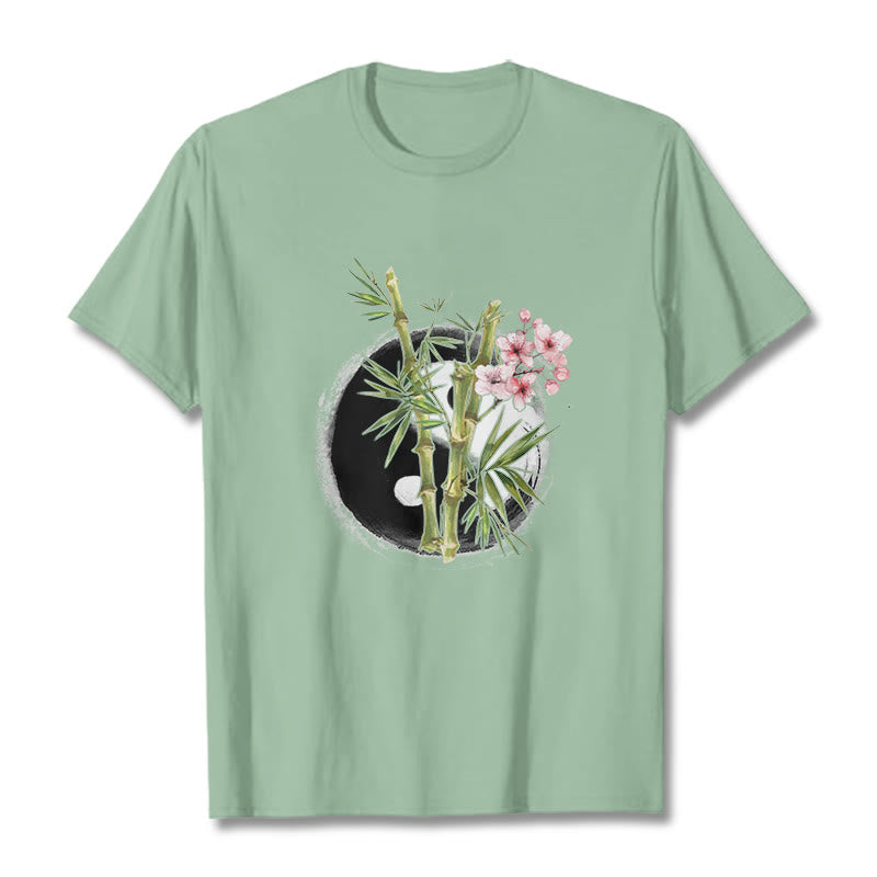 Buddha Stones Yin Yang Bambus Pfirsich Blüten Muster T T-shirt - Blassgrün - 2XL - image 15
