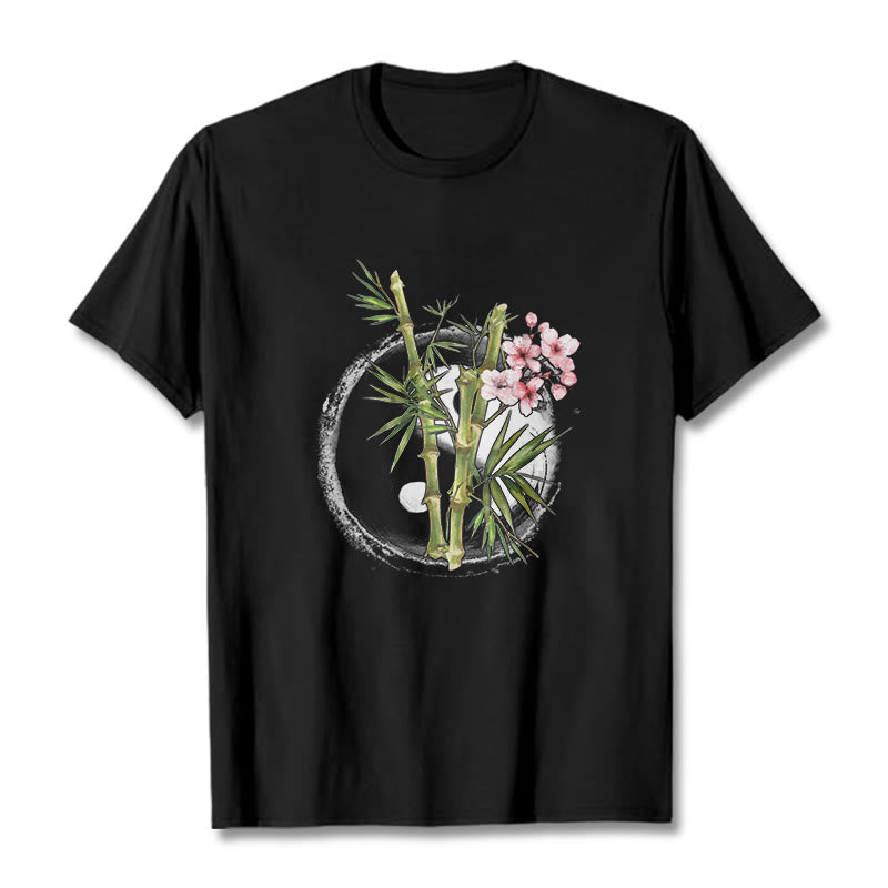 Buddha Stones Yin Yang Bambus Pfirsich Blüten Muster T T-shirt - Schwarz - 2XL - image 1