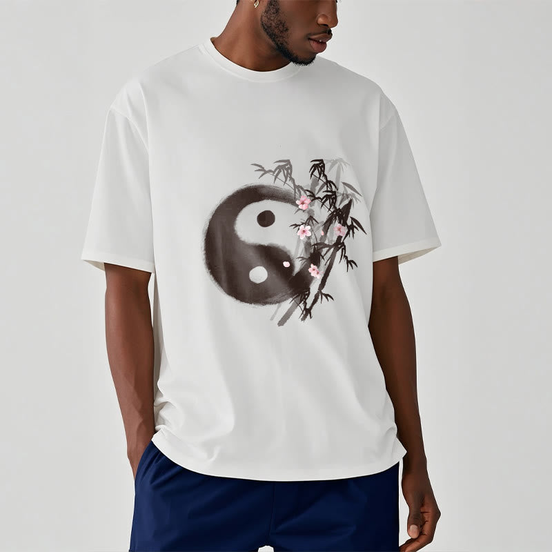 Buddha Stones T-Shirt mit Yin-Yang-Bambus-Kirschblütenmuster - image 1