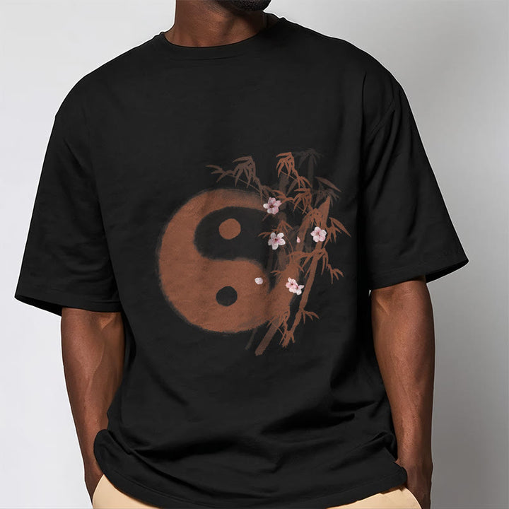Buddha Stones T-Shirt mit Yin-Yang-Bambus-Kirschblütenmuster - image 4