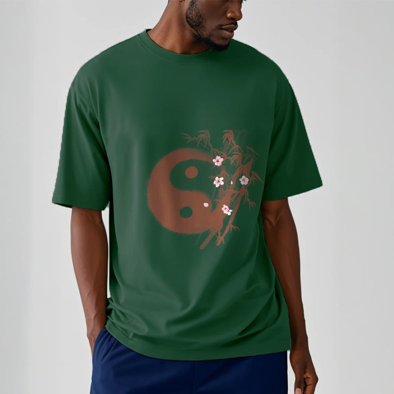 Buddha Stones T-Shirt mit Yin-Yang-Bambus-Kirschblütenmuster - image 10