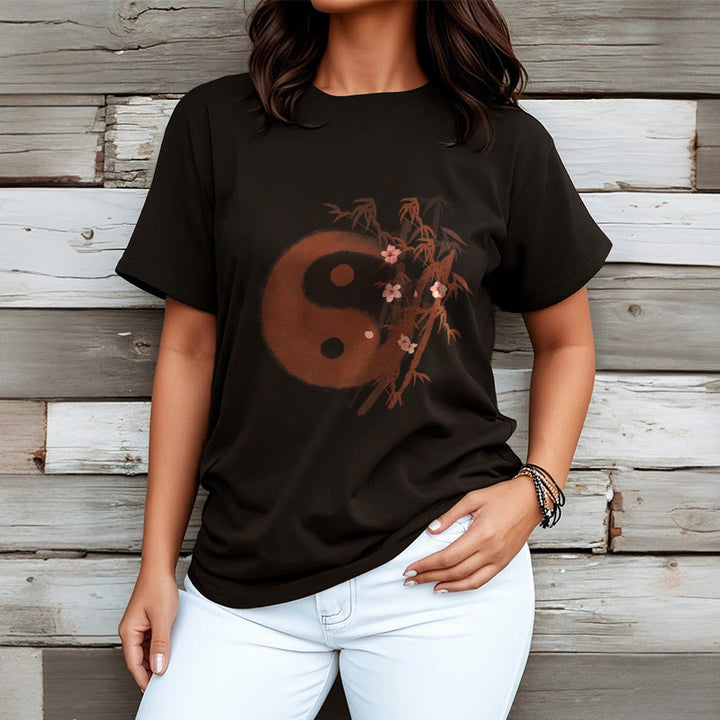 Buddha Stones T-Shirt mit Yin-Yang-Bambus-Kirschblütenmuster - image 6