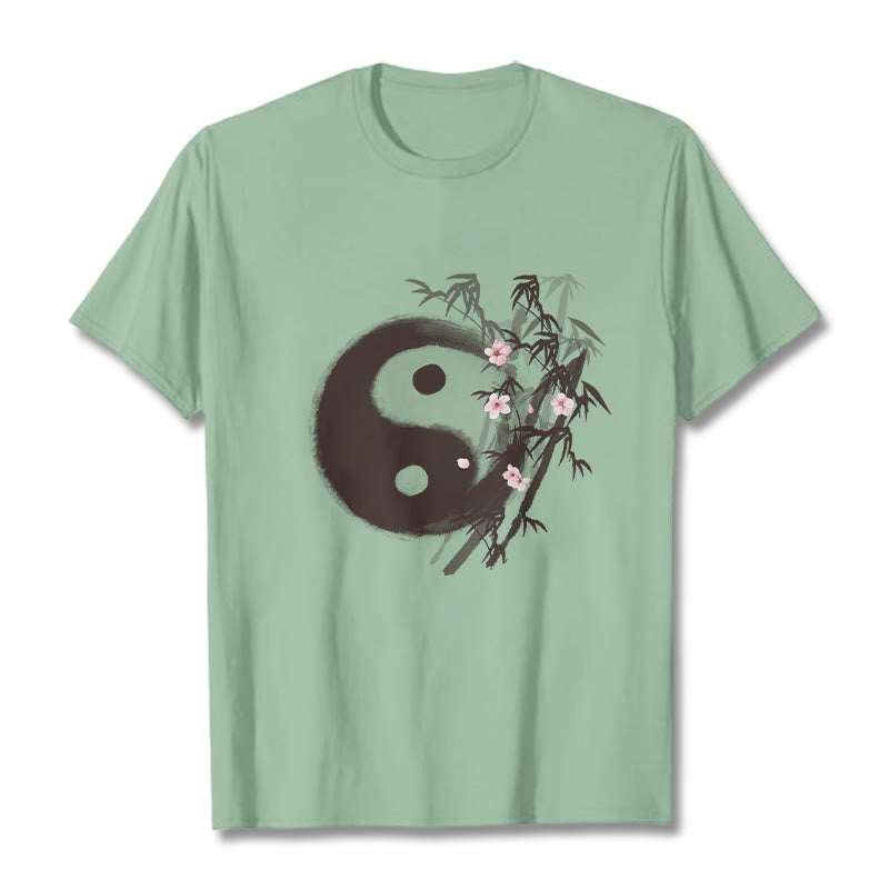 Buddha Stones T-Shirt mit Yin-Yang-Bambus-Kirschblütenmuster - Hellgrün - 2XL - image 13