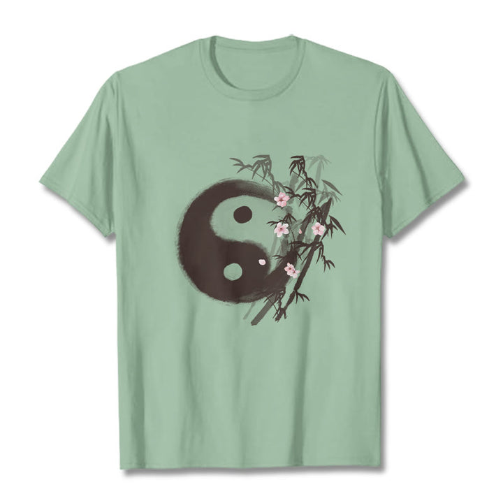 Buddha Stones T-Shirt mit Yin-Yang-Bambus-Kirschblütenmuster - Hellgrün - 2XL - image 13