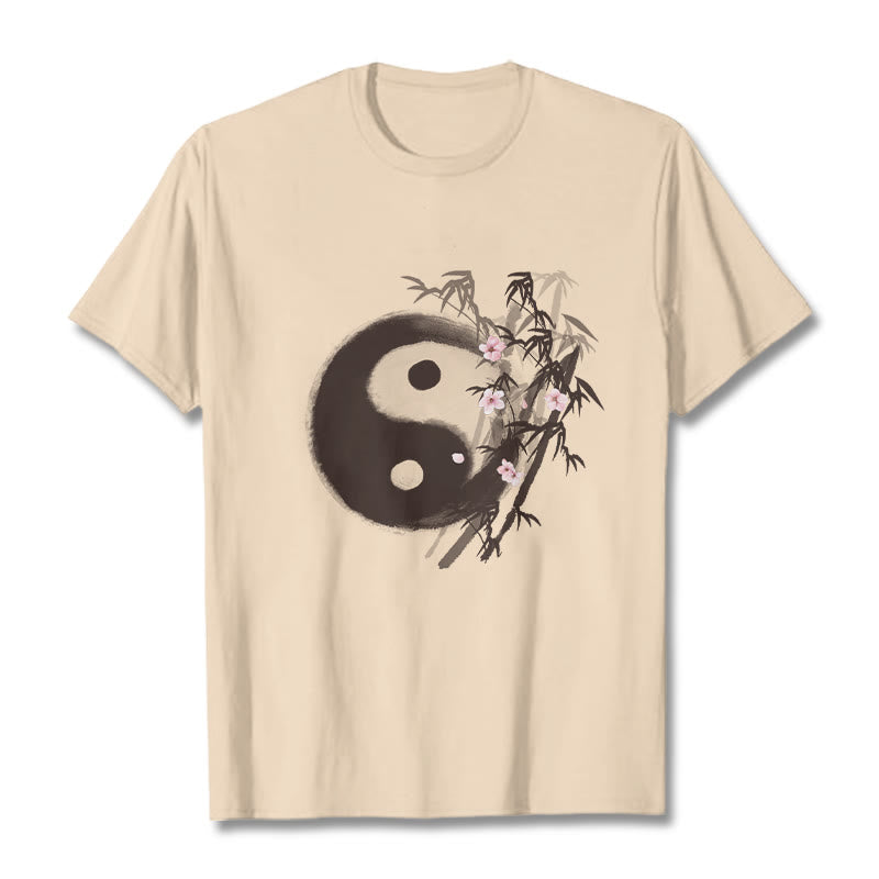 Buddha Stones T-Shirt mit Yin-Yang-Bambus-Kirschblütenmuster - Biskuit - 2XL - image 7