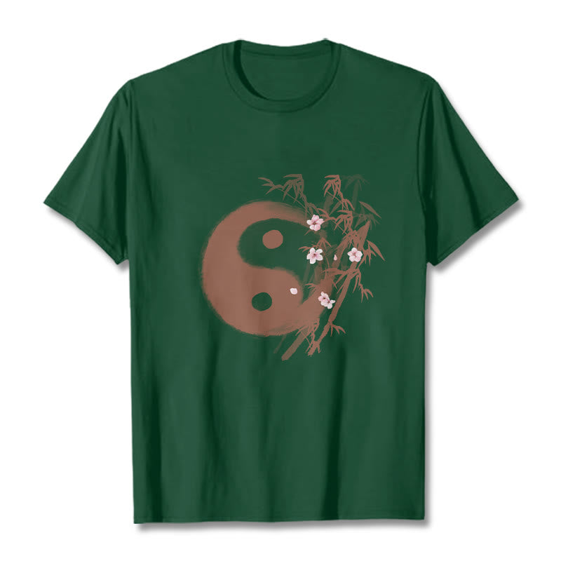 Buddha Stones T-Shirt mit Yin-Yang-Bambus-Kirschblütenmuster - Waldgrün - 2XL - image 9