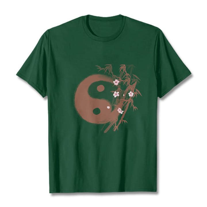 Buddha Stones T-Shirt mit Yin-Yang-Bambus-Kirschblütenmuster - Waldgrün - 2XL - image 9