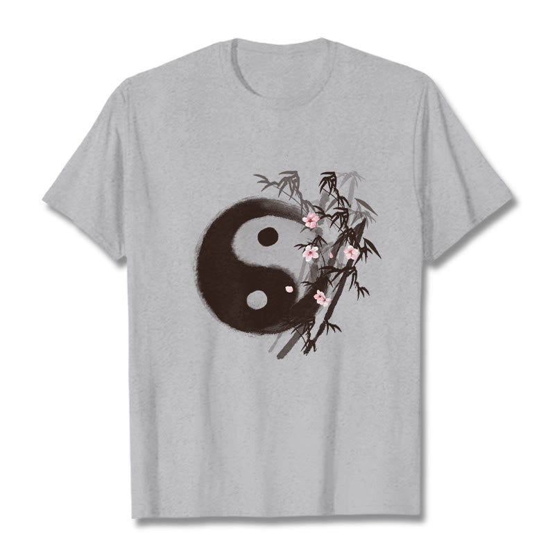 Buddha Stones T-Shirt mit Yin-Yang-Bambus-Kirschblütenmuster - Hellgrau - 2XL - image 18