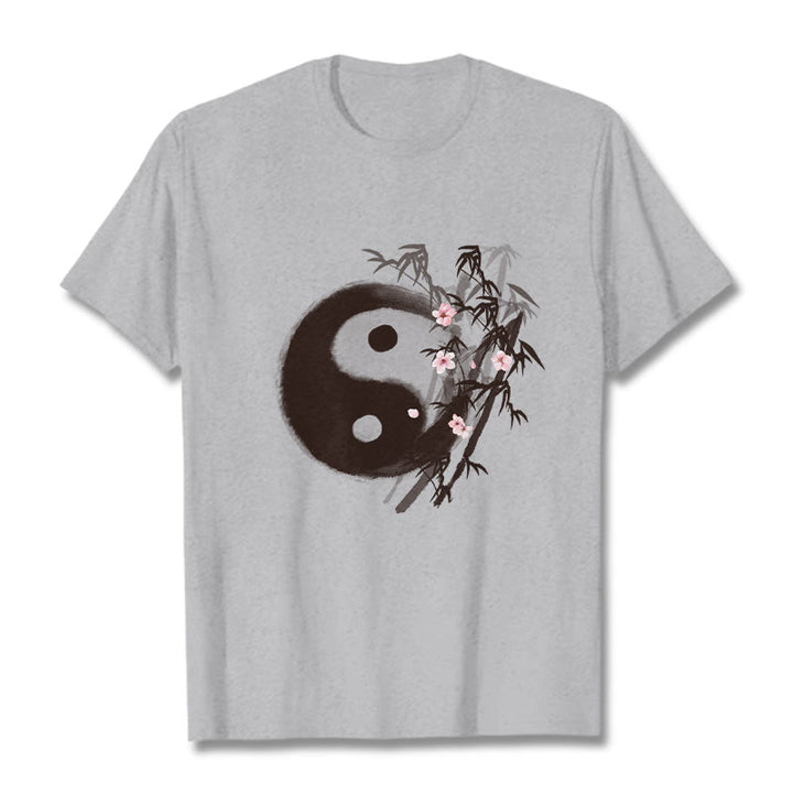Buddha Stones T-Shirt mit Yin-Yang-Bambus-Kirschblütenmuster - Hellgrau - 2XL - image 18