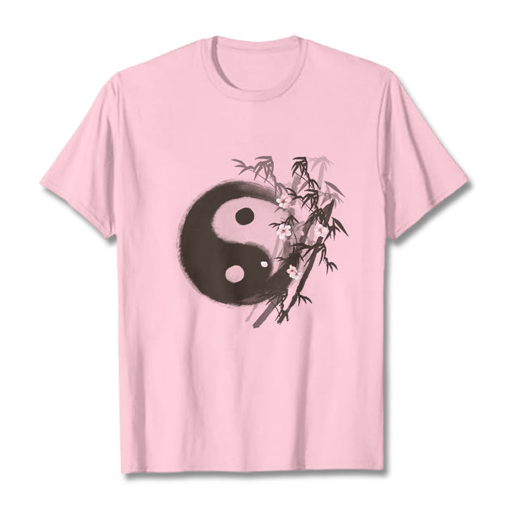 Buddha Stones T-Shirt mit Yin-Yang-Bambus-Kirschblütenmuster - Hellrosa - 2XL - image 11