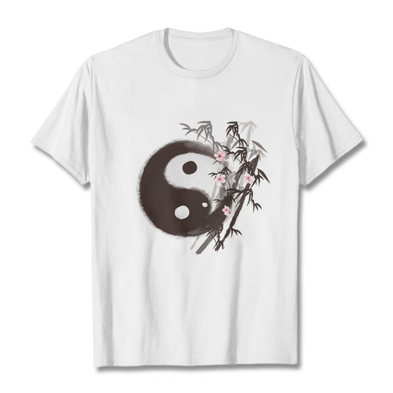 Buddha Stones T-Shirt mit Yin-Yang-Bambus-Kirschblütenmuster - Weiß - 2XL - image 0
